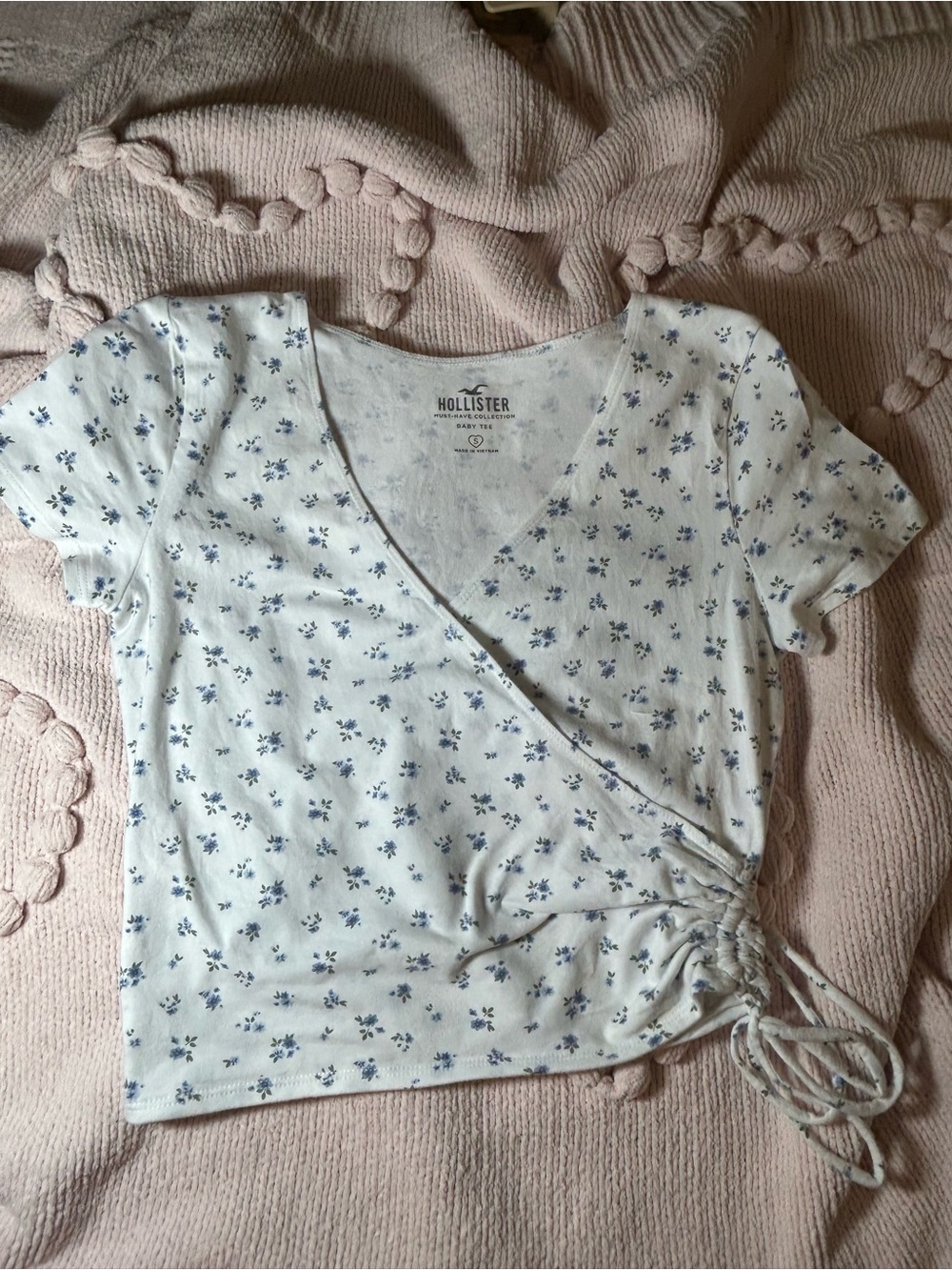Hollister White Wrap Crop Top with Blue Floral Print